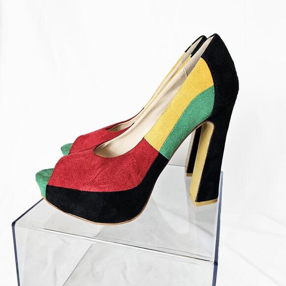 Women's 90's Y2K Reggae Colors Faux Suede Peep Toe Platform Heels Size 6 - Picture 4 of 6